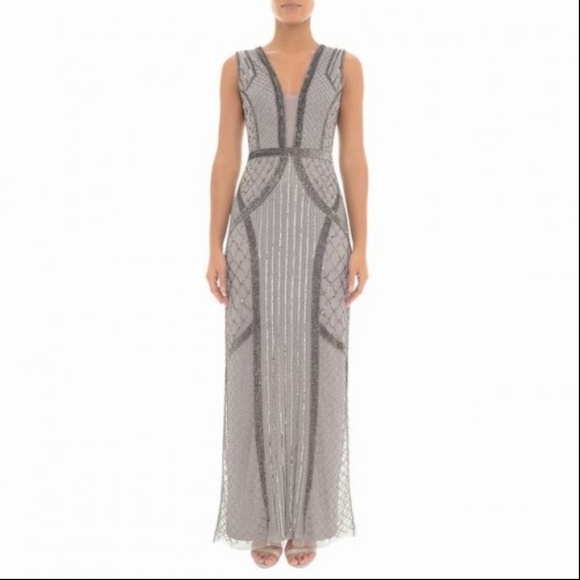 Adrianna Papell Dresses & Skirts - Adrianna Papell Beaded V-Neck Gown Platinum Size 4